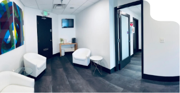 Waiting area with soothing light blue walls